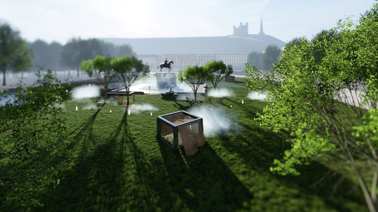 Illustration qui simule la réalisation du projet de végétalisation : la place Bellecour est recouverte de pelouse et dotée d'arbres.